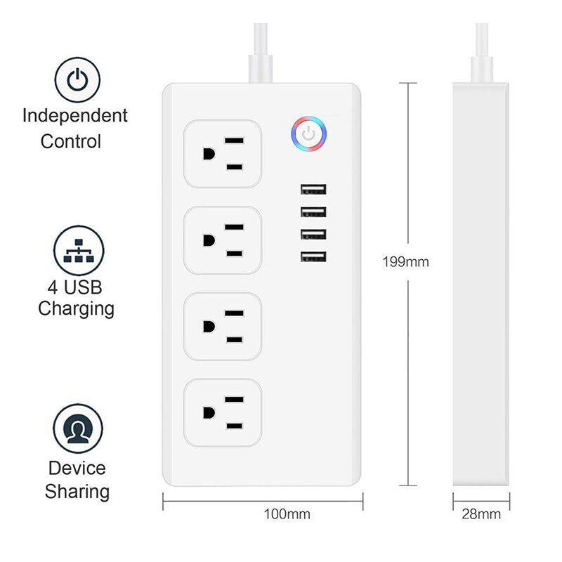 Smart Power Strip,WiFi Power Bar Multiple Outlet Extension Cord with 4 USB and 4 Individual Controlled AC Plugs by Tuya