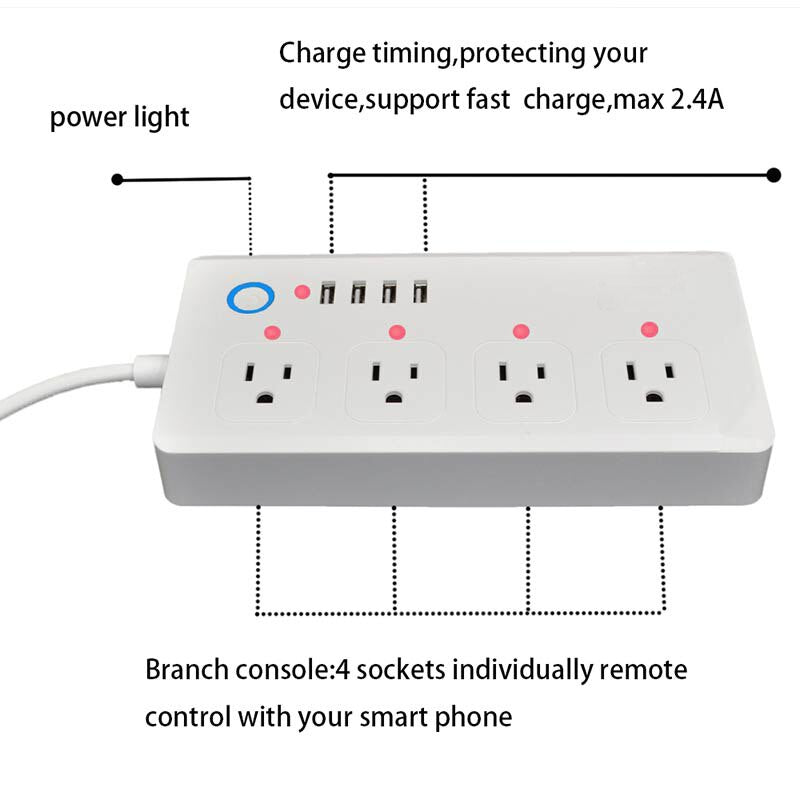 Smart Power Strip,WiFi Power Bar Multiple Outlet Extension Cord with 4 USB and 4 Individual Controlled AC Plugs by Tuya